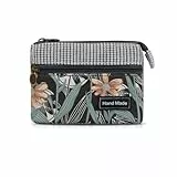 AfitLulu Kleines Portemonnaie Damen Canvas Geldbeutel Damen Klein, 2 Lagen Reißverschlusstaschen Mini Geldbörse Bohème-Stil Mini Portemonnaie für Münzen, Bargeld und Karten (Grau-Blatt)