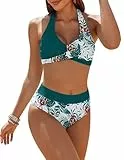 Ekouaer Bikini Damen Set Push Up Badeanzug Zweiteiliger Sexy Bauchweg High Waist Neckholder Bademode Strand Bikinis Swimsuit Grün M