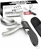Orblue 4-in-1 Campingutensilien, 1 Stück, tragbarer Edelstahllöffel, Gabel, Messer & Flaschenöffner Kombi-Set – Reisen, Backpacking Besteck Multitool (SCHWARZ 1-PACK)