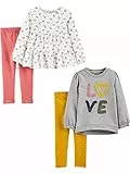Simple Joys by Carter's Baby-Mädchen 4-Piece Long-Sleeve Shirts and Pants Playwear Set Hosenset, Gelb Punkte/Grau Love/Rosa/Weiß Floral, 12 Monate