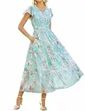 GRACE KARIN Damen Rüschenärmel V-Ausschnitt Midikleid A-Linie Blume Sommerkleid Mit Taschen Grün–Hellrosa Rose L