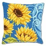 VERVACO Kreuzstich Stickpackungen Kissen Stickerei Set Anfänger Vorgedruckt Sonnenblumen auf Blau DIY Set Kreativ Set Für Erwachseneca. 40 x 40 cm Bastelset Handwerker Haus Dekoration
