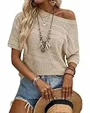 Arach&Cloz Pullover Damen Sommer Kurzarm Strickpullover Hollow Out Crochet Pulli Casual Leicht Tops Khaki XL