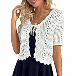 Kate Kasin Damen Cardigan Pullover mit V Ausschnitt Hohler Textur Retro Kurzarm Cardigan Party Weiß XL