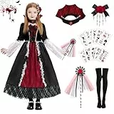 Charmofun Vampir Kostüm Mädchen, vampir kostüm kinder mit Skelett Hand Knochen Haarspange, Königin Kostüm Vampir Kleid mit Rose Rubin, Kinderkostüm Vampirin Kleid Halloween Karneval (11-12 years old)