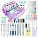 OPPZZIT 63 Stück Schulsachen Aesthetic mit Lila Federmäppchen, 12 Textmarker Pastell, 5 Schwarze Gelstifte, 6 Druckbleistiften, Aesthetic Schulbedarf für Teenager Mädchen School Stuff Clean Girl