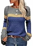 Tankaneo Damen Pullover Colorblock Langarm Rundhals Strickpullover Gestreift Slim Fit Strickwaren Tops Dunkelblau XL