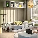CADANI Timi Kinderbett 120x200 cm Bodenbett, Rausfallschutz abnehmbar, bis 200 kg belastbar, Roll-Lattenrost, Montessori Kiefer Massivholz Bett, 3 Aufbauvarianten, Umbaubar, Weiß