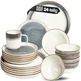 Moritz & Moritz TARENTO 24-tlg. Geschirrset 6 Personen Grau - Elegantes Teller Set aus hochwertigem Steinzeug - Geschirr Set aus 6x Dinnerteller, 6x Dessertteller, 6x Suppenteller und 6x Tassen
