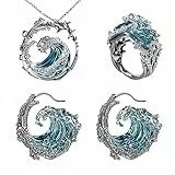 fdsmall Meer Ozean Ringe Halskette Ohrringe Set für Frauen blaue Meer Wellen Kubik Zirkonia Kristall Schmuck Set (Silber Setzen)