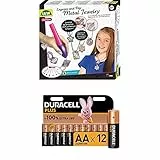 Lena 42655 Engraver's Jewelry Studio, Schmuckstudio, Gravurstudio für Kinder ab 9 Jahre, Set mit batteriebetriebenen Gravierer, Leim, Silber + Duracell Plus AA Alkaline-Batterien, 12er Pack