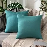 MIULEE 2er Set Wasserdicht Kissenbezug Outdoor Sofakissen Dekokissen Modern Kissenbezüge Dekorativ Kissenhülle Deko aus Polyster Leinen-Optik für Garten Sofa Wohnzimmer Bett 45x45 cm Pfauenblau