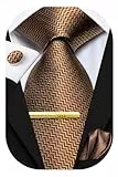 Hi-Tie Krawatten-Set für Herren, Krawatte, Einstecktuch, Hochzeit, formelle Manschettenknöpfe, Krawattenklammer, 4-teiliges Set, Braun gestreift, M