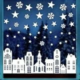 Fensterbilder Weihnachten Selbstklebend, UEOTO Weiß Weihnachtsdeko Fenster Deko Schneeflocken Sterne Häuser Fenstersticker, Winter Weihnachts Fensterbild Fensteraufkleber Wiederverwendbar Fensterdeko