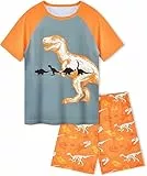 PASHOP Jungen Schlafanzug, Sommer Schlafanzug für Jungen, zweiteilig, kurzärmeliges Oberteil und Shorts, für 3–8 Jahre (DE/NL/SE/PL, Alter, 6 Jahre, Regular, Gelber Dinosaurier)