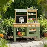 ROBUD Hölzerne Matschküche für Kinder, 17 PCS Pretend Play Kitchen Set mit Wasserspüle, Tafel & Küchenzubehör, Outdoor-Spielzeugküche für BBQ, Küchen-Spielset für Kleinkinder ab 3 Jahren