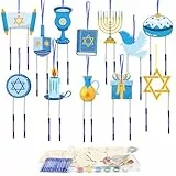 WEDNOK 12 Stück Chanukka Windspiel Bastelset Kinder Hanukkah Holz Basteln Menorah zum Bemalen Bastelhandwerk Kreativsets mit Menorah Hexagramm Dreidel für Jüdisches Judentum Chanukka
