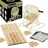 Großes Bingo Spiel Gold Metalltrommel 150 Chips, 75 Bingo Kugeln und Spielbrett aus Holz, 18 stabile Bingokarten + 500 Bingokarten Papier Erwachsene Kinder
