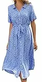 Livonmone Sommerkleid Damen Kurzarm Casual V-Ausschnitt Blumendruck Kleider Strandkleider Sexy Schlitz Midikleid Cocktailkleid Partykleid mit Gürtel (Blau, L)