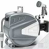 tillvex Schlauchtrommel Wasser 15+2m mit Wandhalterung + Tragegriff | Schlauchaufroller mit Handbrause und Gartenschlauch | 180° Schwenkbar | Wand-Schlauchbox mit Aufroll-Automatik | Grau
