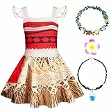 AUYAO Kinder Moana Prinzessin Mädchen Kostüm 5 Set Vaiana Kleid Verkleidung mit Zubehör Blumenkrone Halskette Blumenclip Girls Princess Kostüm Verkleidung Karneval Halloween Geburtstag Party (130cm)