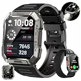 Smartwatch Herren Militär, 100 Tage Akku,Sportuhr mit Bluetooth-Anrufe,LED Taschenlampe,Kompass,100+ Sportmodi Fitness Tracker,Puls-SpO2-Schlaf-Monitor,Schrittzähler,2 Armbändern,IP68 für Android iOS