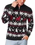 Crewhpo Weihnachtspullover Herren Rollkragen Christmas Sweater mit Viertel-Reißverschluss Weihnachts Pullover Langarm mit Rentiermuster Strickpullover Weihnachtspulli Winter Warme