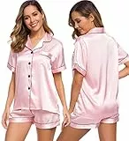 SWOMOG Schlafanzüge für Damen Satin Kurz Silk Nachtwäsche Zweiteiliger Kurzarm Hemdpyjama mit Knöpfe aus Seiden Pyjama Set Loungewear Rosa
