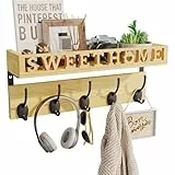 SWTYMIKI Wandgarderobe mit Ablage, Sweet Home Dekoration Kleiderhaken Wand mit 5 Metallhaken, Garderobenleiste für hängende Hüte, Kleidung im Eingang, Wohnzimmer, Schlafzimmer, Natur