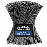Lamondre 250 Stück kabelbinder schwarz, kabelbinder wiederverschließbar 200mm x 5mm,Nylon UV-Beständig