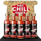 TIMBER TASTE® Chili Sauce Geschenkset [5 x 40 ml] - Hot Soße Chili Set - Scharfe Soßen Geschenk Set - Besondere Geschenke für Männer & Frauen - Grill Geschenkbox - Chilli Saucen Gewürze Geschenkset