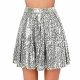 Glitzer Rock Silber Pailletten Gold Metallischer Faltenrock Damen Metallic Röcke Leder Minirock Glitzerrock Pailettenrock für Skater Skirt Karneval Kostüm Fasching Festival Disco Outfit