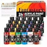 Fantastory Acrylfarben Set, 24 x 60ml hochpigmentierte Acryl Farben in Künstlerqualität mit 12 Pinseln & Farbkarte, ungiftig & wasserfest. Perfekte Acrylic Paint für Leinwand, Holz, Stein, Modellbau