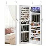 SONGMICS Schmuckschrank mit langem Spiegel, Schmuckaufbewahrung mit 6 LED-Lampen, zum Aufhängen an der Tür oder zur Befestigung an der Wand, großes Fassungsvermögen, 2 Schubladen, Weiß JJC99WT