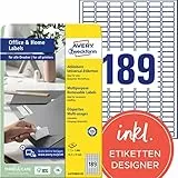 AVERY Zweckform L4731REV-10 Universal Etiketten (1.890 Klebeetiketten, 25,4x10mm auf A4, wieder rückstandsfrei ablösbar/abziehbar, individuell bedruckbare, selbstklebende Aufkleber) 10 Blatt, weiß