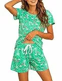 ENJOYNIGHT Schlafanzug Damen Kurz Pyjama Set Baumwolle Kurzarm Top und Kurze Hose Zweiteiliger Nachtwäsche Sommer Hausanzug Loungewear (Large,Grüner Flamingo)