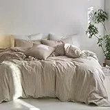 Sedefen Bettwäsche 220x240 cm Baumwolle Khaki Taupe Gestreift Baumwollbettwäsche Set,Renforce Bettbezug und 2 Kissenbezug 80x80cm mit Reißverschluss
