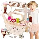 Mamabrum Eiswagen Holzspielzeug Set - Eisdiele mit Magnetischem Zubehör, Kuchenzubehör Kinder Holz, Einkaufsladen Zubehör - Rollenspiel ab 3 Jahren (15 Teile)