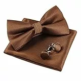 Alizeal Herren Solide vorgebundene Fliege Manschettenknöpfe Hanky Set für Männer Hals tragen, Kaffee