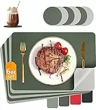 HELI MIAO Tischsets Abwaschbar,Platzsets Abwischbar,Tischset Leder,Hitzebeständig Doppelseitigen I 6er Set Platzdeckchen Lederoptik mit Untersetzer,Tischuntersetzer,Platzdecken（Olivgrün Grau）
