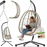 Juskys Hängesessel Aria mit Gestell höhenverstellbar, faltbar & ergonomisch - Outdoor & Indoor - bis 130 kg - Polyrattan Korbhängesessel inkl. Kissen - Beige