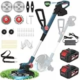 Rasentrimmer mit 21V,Akku Rasentrimmer für Makita,freischneider mit unkrautbürste,2-in-1 Freischneider akku,6 Klingentypen,inkl 2X4.0Ah Akku & Ladegerät,750W Bürstenloser Motor-Light Blue