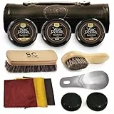 Stone & Clark 12-teiliges Schuh Polier- & Pflege-Kit, mit braunem Wachs, Schuhbürsten zum polieren, Poliertuch & Schuhlöffel, kompaktes Schuhpflege Kit mit Polierbürste & Kunstleder Tasche