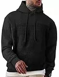 Elegancity Herren Kapuzenpullover Schwarz Langarm Waffle Hoodie Pullover Casual Sweatshirt Warm Hoody Mit Taschen XL