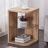 GOLDFAN Beistelltisch Rund Holz Klein Couchtisch Moderner Wohnzimmertisch Nachttisch Glas für Wohnzimmer Schlafzimmer, Hellbraun