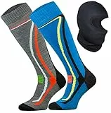 TODO 2 Paar Warme 50% Merino Skisocken Herren und Skisocken Damen 39-42 Thermoaktiv, Atmungsaktiv Ski Socken und Ski Sturmhaube (Grau-Blau, 39-42/2 Paar)