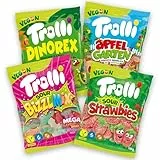 ​Trolli Vegane Fruchtgummi Mischung – 4er Pack Süßigkeiten (4×150 g) – Sour Strawbies, Dino Rex, Apfelgarten & Bizzl Mix – Gummibärchen vegan, sauer, glutenfrei, laktosefrei, ohne Gelatine - Mix Box