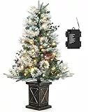 Weihnachtsbaum Künstlich mit Beleuchtung, 90 cm Künstlicher Weihnachten Baum Schneebeflockte mit 78 LED Retro Topfbasis Weihnachten Deko für Eingang Haus Büro