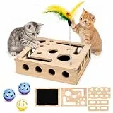 Taichaeu 2-in-1 Katzen Kratzspielzeug mit Intelligenzspiel & Krallenpflege - Interaktive Nagelfeilen, Katzen Krallenpflege beim Spielen, Katzen Kratzbrett aus Holz - 3 Glockenbällen & Federstab