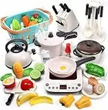 CUTE STONE 40 PCS Kinderküche Zubehör mit Kochgeschirr Dampfdrucktopf und Induktionskochfeld, Kochutensilien, Besteck, schneiden Spiel Lebensmittel, Warenkorb Lernspielzeug für Mädchen Jungen